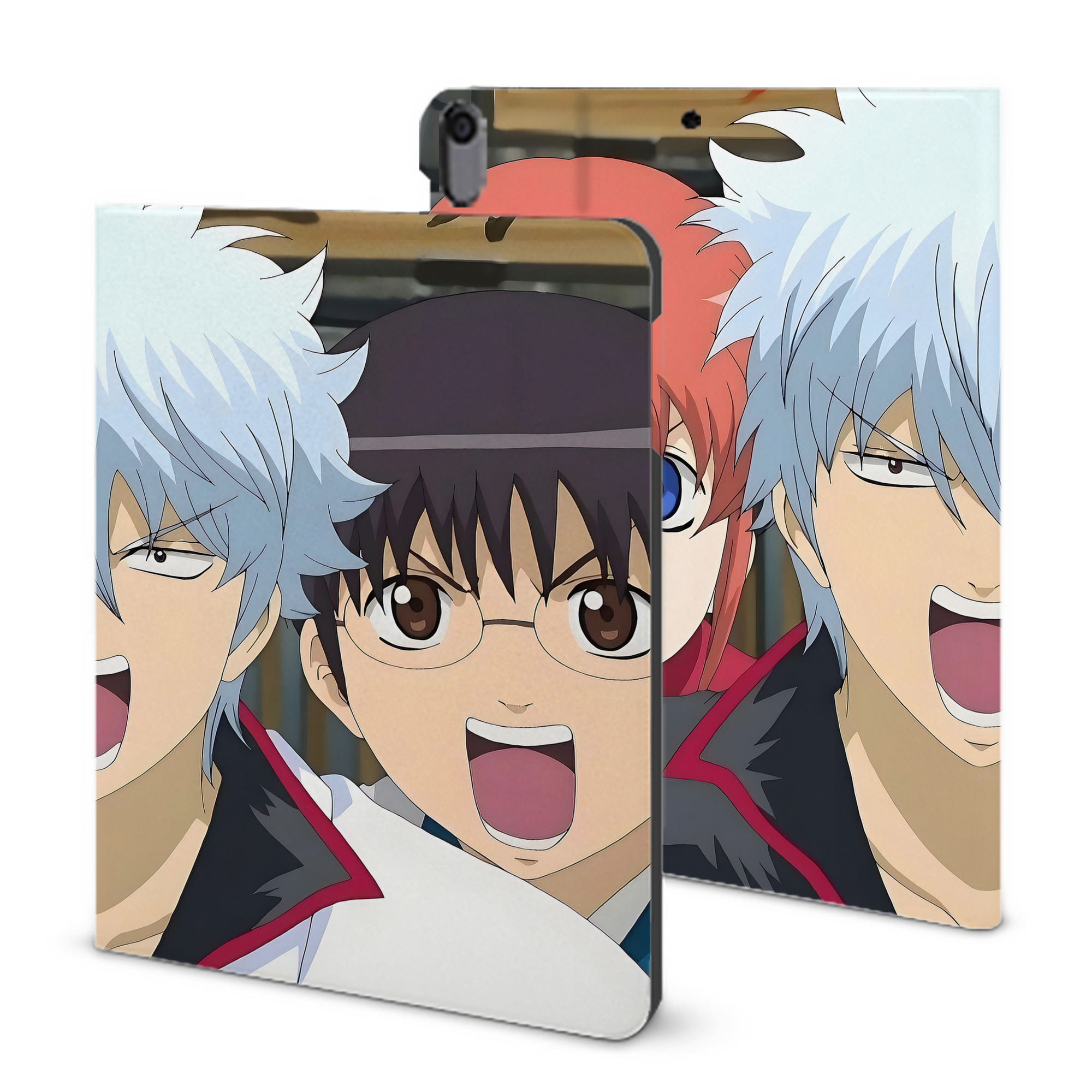 ぎんたま 坂田銀時（さかたぎんとき） 神楽 志村新八（しむら しんぱち） GINTAMA Sakata Gintoki Kagura Shimura Shinpachi IPad ケース ブック型 PUレザー TPU 耐衝撃 軽量 薄型 ペン収納なし 全面保護 IPad 各モデル対応